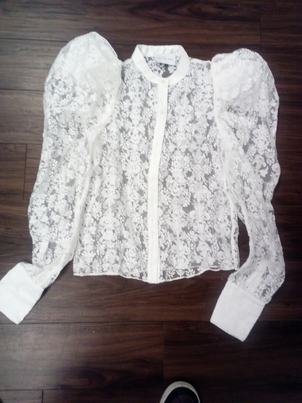 Sheer White Lace Puff-Sleeve Blouse with Stand Collar